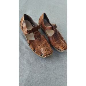 Rieker Women Leather Floral Cut Mary Jane T Strap Brown Flats Casual Sz US 10